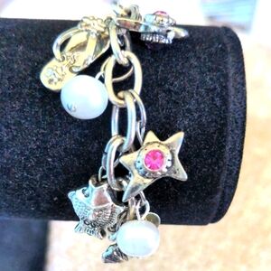 New Charm Bracelet, Adjustable Size, Crystals, Pearls,  Silver Charms, Beach